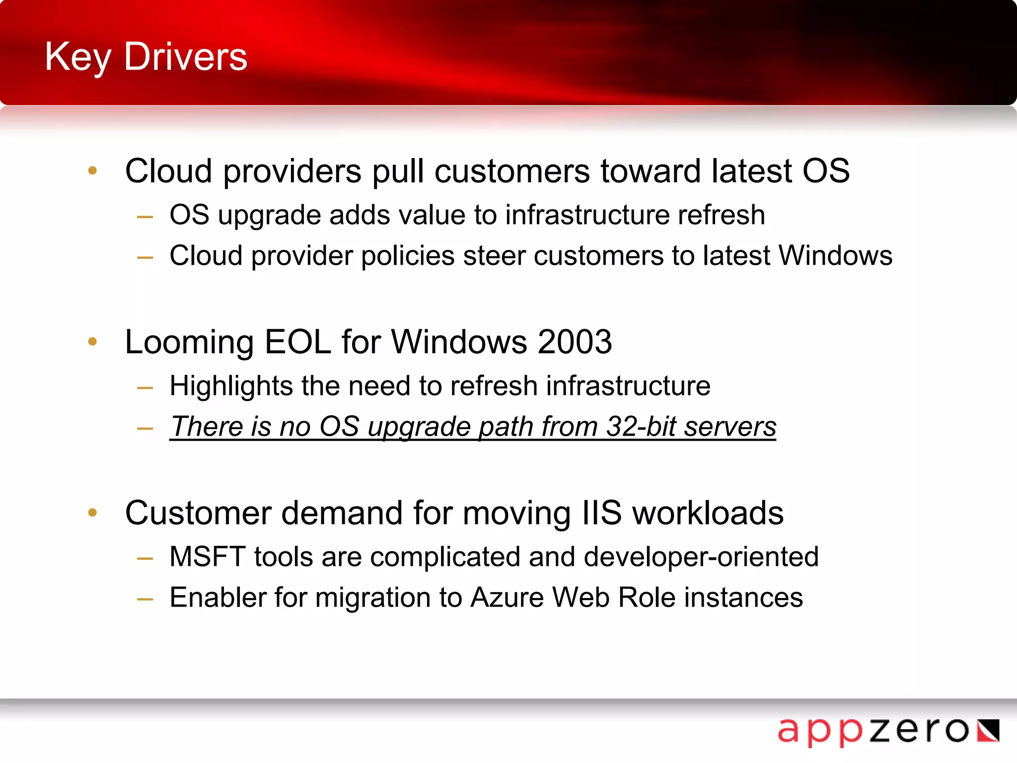 Key Drivers
• Cloud providers pull customers toward latest OS
– OS upgrade adds value to infrastructure refresh
– Cloud provider policies steer customers to latest Windows
• Looming EOL for Windows 2003
– Highlights the need to refresh infrastructure
– There is no OS upgrade path from 32-bit servers
• Customer demand for moving IIS workloads
– MSFT tools are complicated and developer-oriented
– Enabler for migration to Azure Web Role instances
 