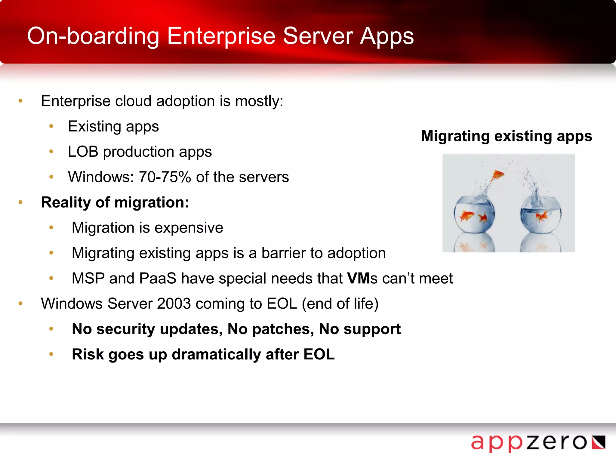 On-boarding Enterprise Server Apps
• Enterprise cloud adoption is mostly:
• Existing apps
• LOB production apps
• Windows: 70-75% of the servers
• Reality of migration:
• Migration is expensive
• Migrating existing apps is a barrier to adoption
• MSP and PaaS have special needs that VMs can’t meet
• Windows Server 2003 coming to EOL (end of life)
• No security updates, No patches, No support
• Risk goes up dramatically after EOL
Migrating existing apps
 