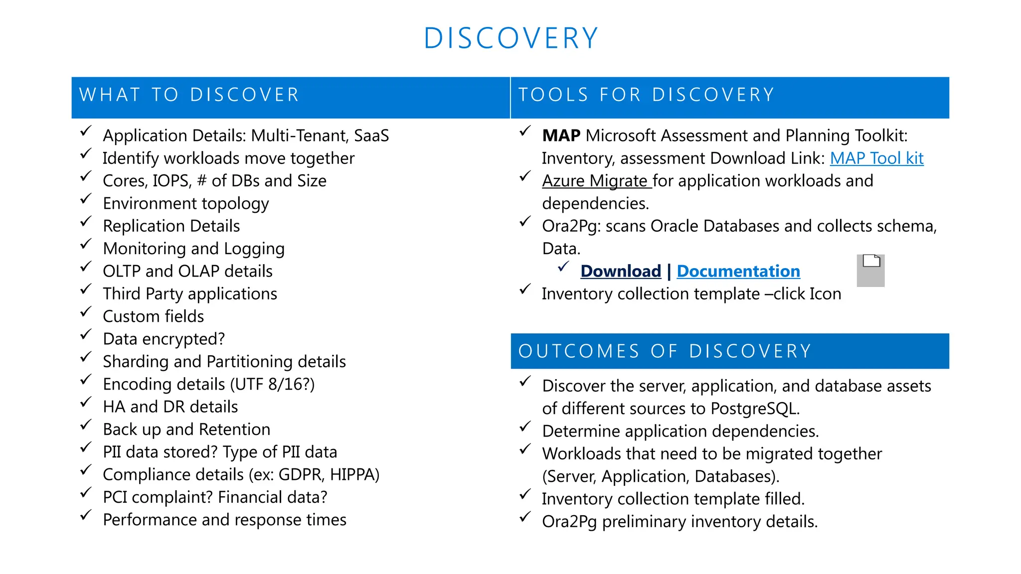 W H AT TO D I S C O V E R TO O L S F O R D I S C O V E R Y
 Application Details: Multi-Tenant, SaaS
 Identify workloads move together
 Cores, IOPS, # of DBs and Size
 Environment topology
 Replication Details
 Monitoring and Logging
 OLTP and OLAP details
 Third Party applications
 Custom fields
 Data encrypted?
 Sharding and Partitioning details
 Encoding details (UTF 8/16?)
 HA and DR details
 Back up and Retention
 PII data stored? Type of PII data
 Compliance details (ex: GDPR, HIPPA)
 PCI complaint? Financial data?
 Performance and response times
 MAP Microsoft Assessment and Planning Toolkit:
Inventory, assessment Download Link: MAP Tool kit
 Azure Migrate for application workloads and
dependencies.
 Ora2Pg: scans Oracle Databases and collects schema,
Data.
 Download | Documentation
 Inventory collection template –click Icon
O U TC O M E S O F D I S C O V E R Y
 Discover the server, application, and database assets
of different sources to PostgreSQL.
 Determine application dependencies.
 Workloads that need to be migrated together
(Server, Application, Databases).
 Inventory collection template filled.
 Ora2Pg preliminary inventory details.
DISCOVERY
 
