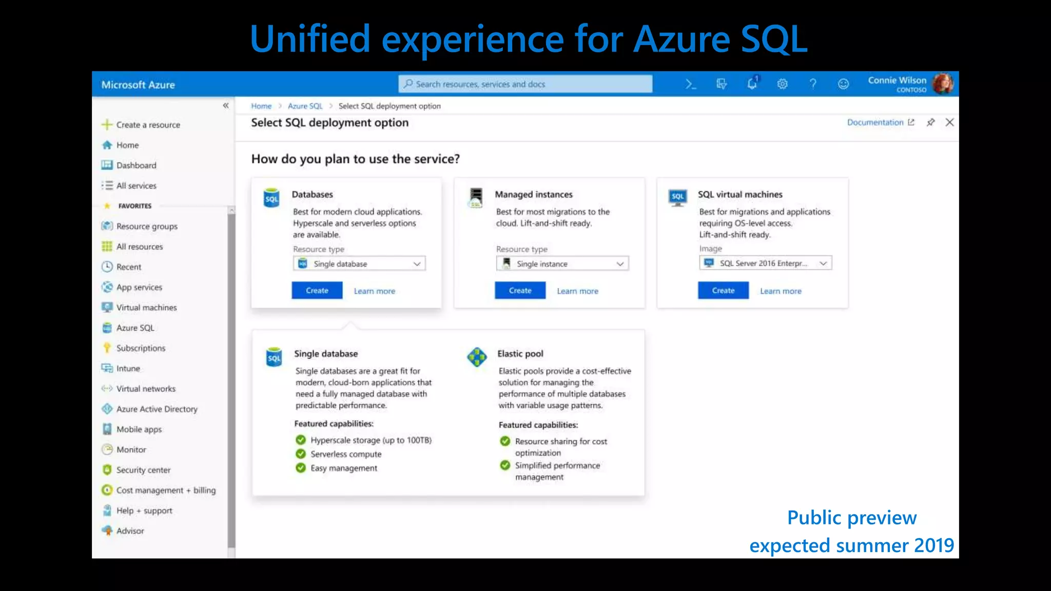 Unified experience for Azure SQL Public preview expected summer 2019 