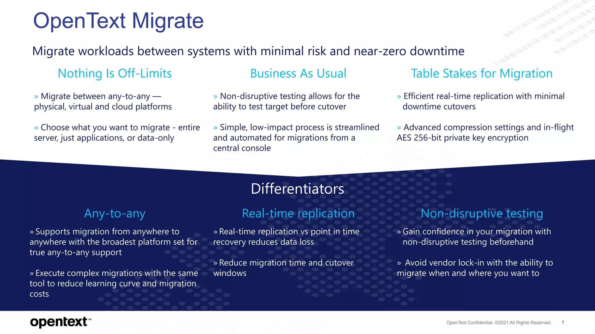 OpenText Confidential. ©2021 All Rights Reserved. 7
Business As Usual Table Stakes for Migration
Differentiators
Any-to-any Real-time replication Non-disruptive testing
Nothing Is Off-Limits
» Migrate between any-to-any —
physical, virtual and cloud platforms
» Choose what you want to migrate - entire
server, just applications, or data-only
» Non-disruptive testing allows for the
ability to test target before cutover
» Simple, low-impact process is streamlined
and automated for migrations from a
central console
» Efficient real-time replication with minimal
downtime cutovers
» Advanced compression settings and in-flight
AES 256-bit private key encryption
» Supports migration from anywhere to
anywhere with the broadest platform set for
true any-to-any support
» Execute complex migrations with the same
tool to reduce learning curve and migration
costs
» Real-time replication vs point in time
recovery reduces data loss
» Reduce migration time and cutover
windows
» Gain confidence in your migration with
non-disruptive testing beforehand
» Avoid vendor lock-in with the ability to
migrate when and where you want to
Migrate workloads between systems with minimal risk and near-zero downtime
OpenText Migrate
 