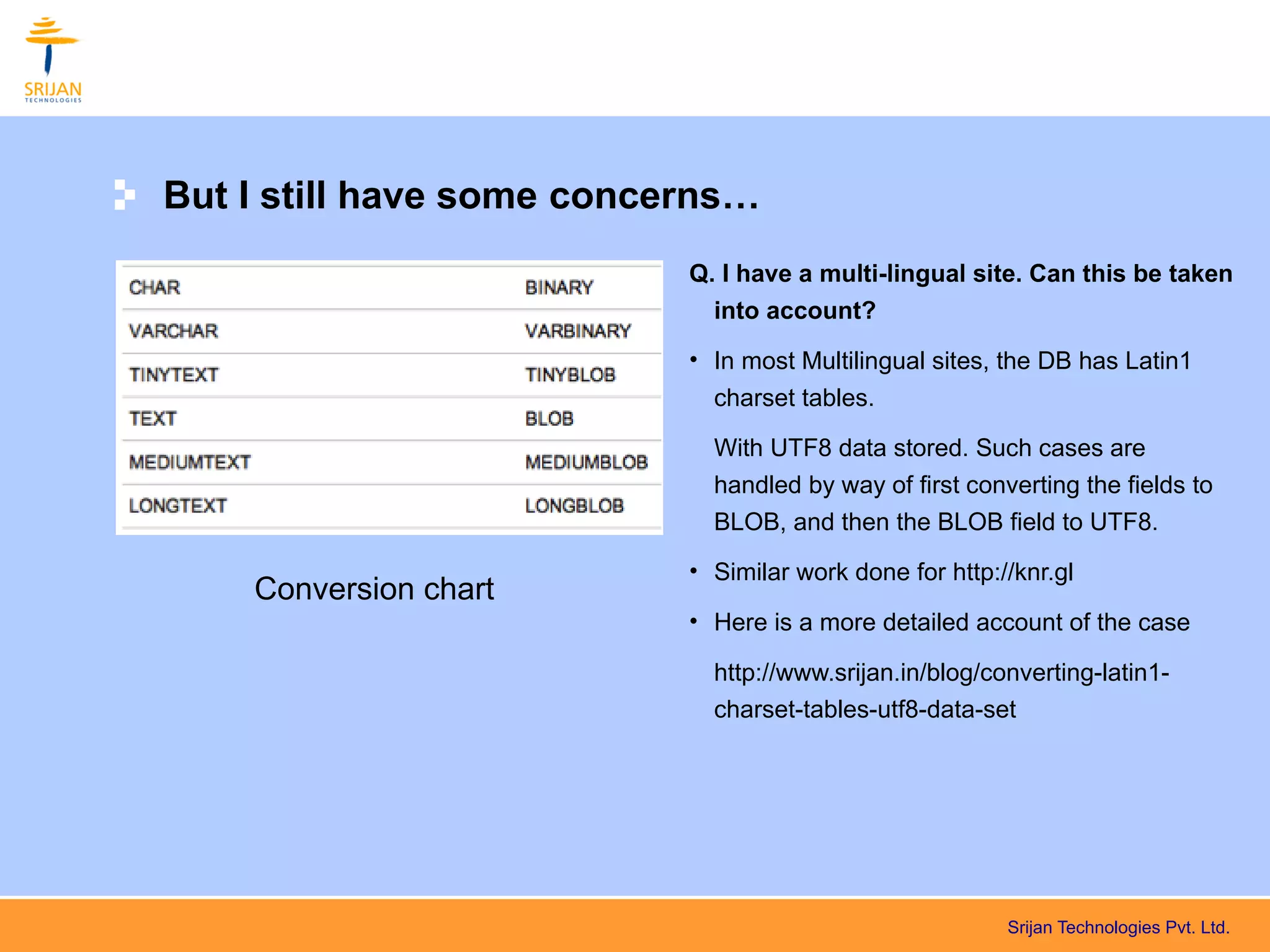But I still have some concerns…
                           Q. I have a multi-lingual site. Can this be taken
                             into account?
                           • In most Multilingual sites, the DB has Latin1
                             charset tables.

                             With UTF8 data stored. Such cases are
                             handled by way of first converting the fields to
                             BLOB, and then the BLOB field to UTF8.
                           • Similar work done for http://knr.gl
    Conversion chart
                           • Here is a more detailed account of the case

                             http://www.srijan.in/blog/converting-latin1-
                             charset-tables-utf8-data-set




                                                         Srijan Technologies Pvt. Ltd.
 