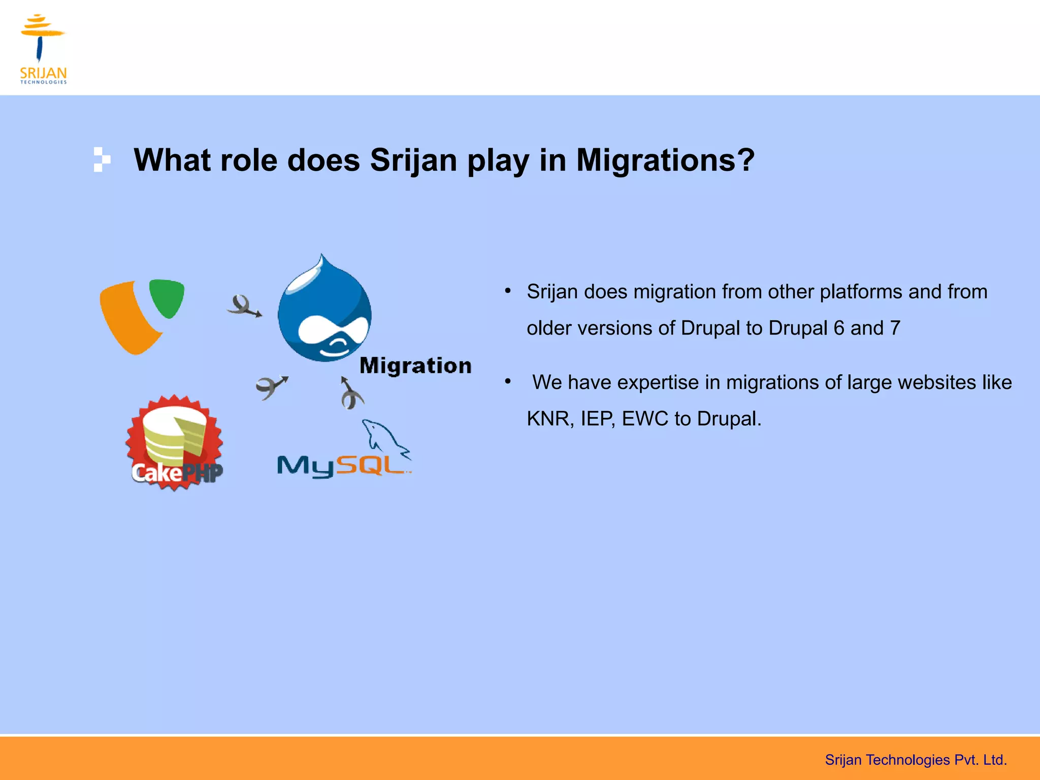 What role does Srijan play in Migrations?


                        ●
                            Srijan does migration from other platforms and from
                            older versions of Drupal to Drupal 6 and 7

                        ●
                            We have expertise in migrations of large websites like
                            KNR, IEP, EWC to Drupal.




                                                             Srijan Technologies Pvt. Ltd.
 