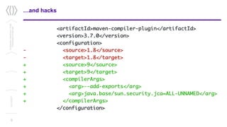…and hacks
<artifactId>maven-compiler-plugin</artifactId>
<version>3.7.0</version>
<configuration>
- <source>1.8</source>
- <target>1.8</target>
+ <source>9</source>
+ <target>9</target>
+ <compilerArgs>
+ <arg>--add-exports</arg>
+ <arg>java.base/sun.security.jca=ALL-UNNAMED</arg>
+ </compilerArgs>
</configuration>
9
Confidential/Restricted/Public
Presentationorparttitle
13/11/2017
 