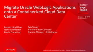 Copyright © 2017, Oracle and/or its affiliates. All rights reserved. |
Migrate Oracle WebLogic Applications
onto a Containerized Cloud Data
Center
Jingnan (Jing) Zhou
Technical Director
Oracle Consulting
Confidential – Oracle Internal/Restricted/Highly Restricted
Rob Tanner
Northern Trust Company
Division Manager - Middleware
 