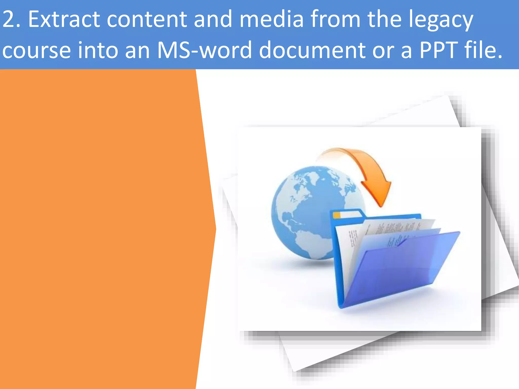 2. Extract content and media from the legacy
course into an MS-word document or a PPT file.
 