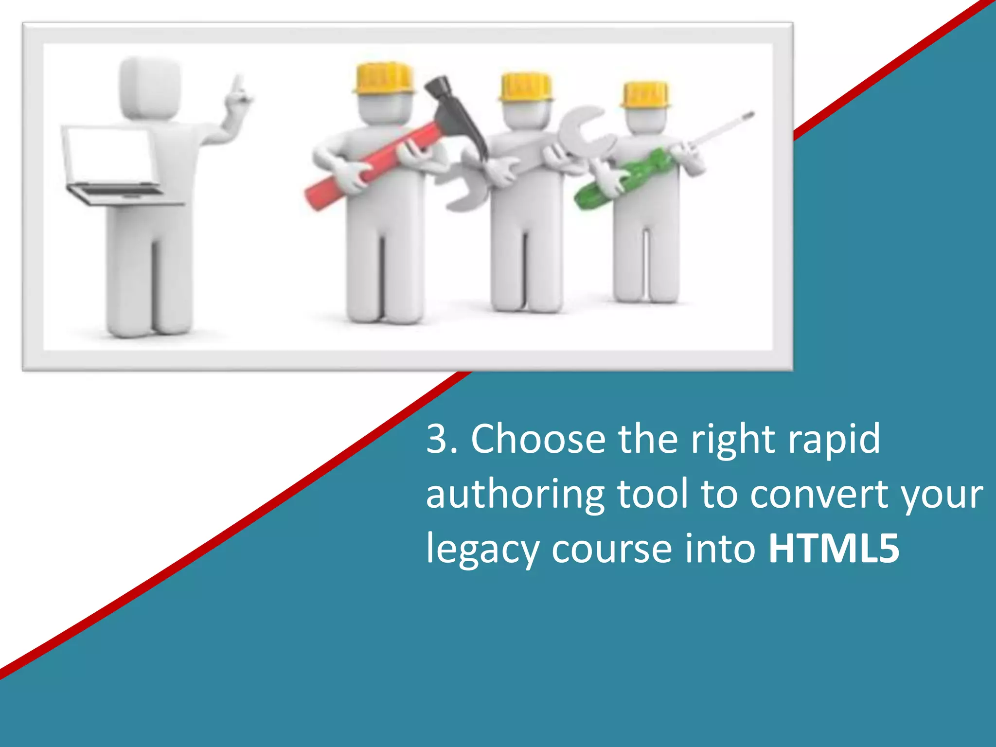 3. Choose the right rapid
authoring tool to convert your
legacy course into HTML5
 