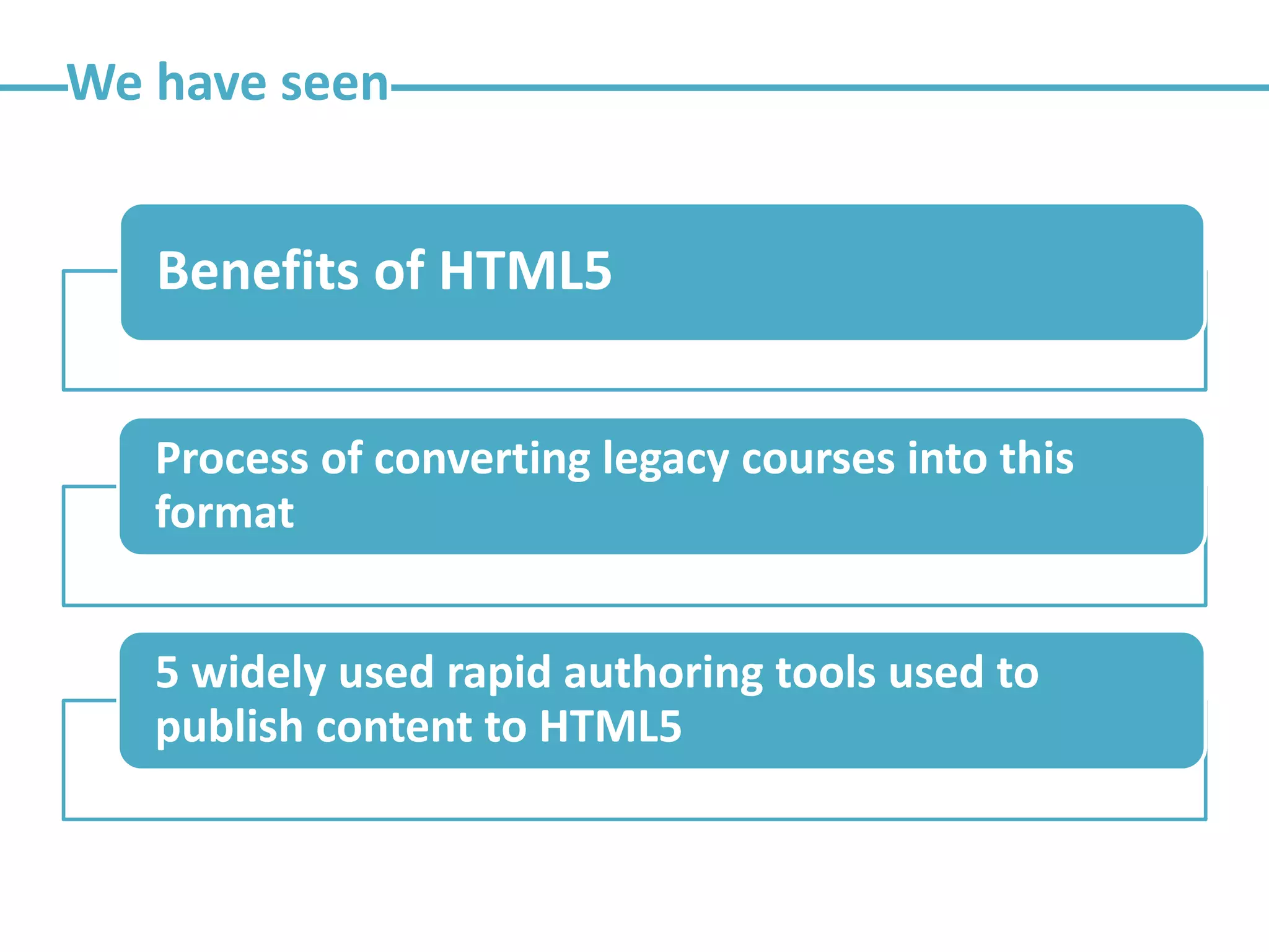 Benefits of HTML5
Process of converting legacy courses into this
format
5 widely used rapid authoring tools used to
publish content to HTML5
We have seen
 