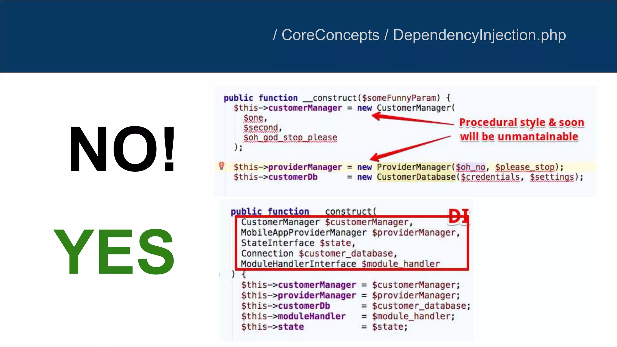 NO!
YES
/ CoreConcepts / DependencyInjection.php
 