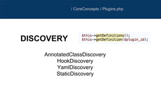 / CoreConcepts / Plugins.php
AnnotatedClassDiscovery
HookDiscovery
YamlDiscovery
StaticDiscovery
DISCOVERY
 