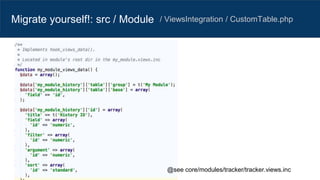 Migrate yourself!: src / Module / ViewsIntegration / CustomTable.php
@see core/modules/tracker/tracker.views.inc
 