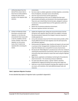 Copyright © 2013 Cloud Standards Customer Council Page 20
sufficiently distant from the
desired final cutover date to
have time to rectify problems.
Involve the cloud service
provider in the migration date
selection.
environment.
 Run test scripts to validate application and data migration, connectivity
from all endpoints, and proper access and authority.
 Start the cloud environment and the applications.
 Ask a preselected group of test users to validate that their work
environments and systems are functional on the cloud-based system.
These test users should follow formal test plans, designed in advance
to exercise as many possible features of the applications within the
allotted time.
 Restart the on-premises production environment.
 Document migration duration and metrics.
5. Cutover to Production Cloud.
Assuming a successful mock
migration, or one that only
encountered minor issues with
a clear fix, establish a formal
cutover schedule. If the mock
migration ran into serious
issues, then it needs to be
repeated after correcting the
causes.
 Update the migration plan, taking into account the lessons learned
during the mock migration about the tasks to be added or removed,
the actual durations measured, the change in resources required vs.
initially expected, etc.
 Line up the necessary resources from the cloud service provider, which
may be different from the mock migration since this will now be the
real, definitive migration.
 Communicate the migration steps, timeline and impact to all users (and
a summary to their management), including instructions for day-one
steps that individual users must perform to access cloud services.
 Re-execute the “Mock Migration” procedures but at the end, instead of
restarting the old production environment, inform all users to apply the
instructions they have received to restart their work using the migrated
application.
 Begin license, application and database monitoring for the production
cloud environment. This monitoring continues indefinitely.
 For some time after the cutover, a special “hotline” should be
established for triaging and solving issues during initial usage time.
 Hold one or more formal checkpoint meetings after migration to track
any issues, until resolution, that need additional project tasks and
resources.
Table 2. Application Migration Procedure
A more detailed description of migration tasks is provided in Appendix B.
 