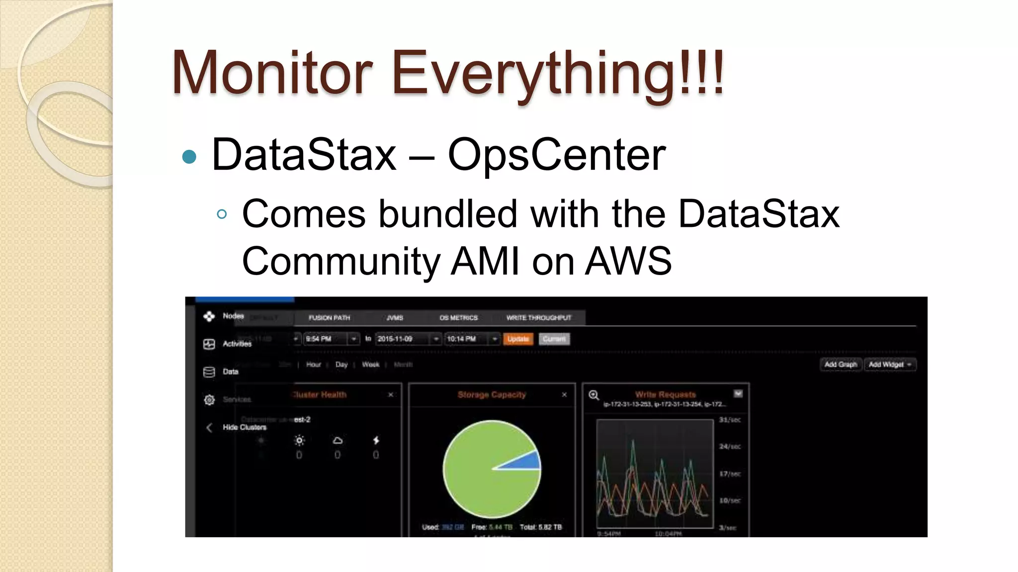 Monitor Everything!!!  DataStax – OpsCenter ◦ Comes bundled with the DataStax Community AMI on AWS 