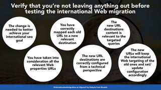 #internationalwebmigrations at #dguconf by @aleyda from @orainti
Verify that you’re not leaving anything out before
testing the international Web migration
The change is
needed to better
achieve your
international seo
goal
You have taken into
consideration all the
relevant Web
properties URLs
You have
correctly
mapped each old
URL to a new
relevant
destination
The new URL
destinations are
correctly configured
from a technical
perspective
The
new URL
destinations
content is
relevant to the
targeted
queries
The new
URLs will keep
the international
Web targeting of the
old ones and set/
update
configuration
accordingly
 