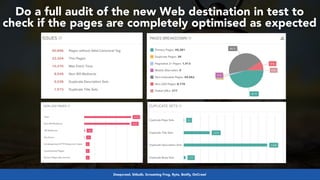 #internationalwebmigrations at #dguconf by @aleyda from @orainti
Do a full audit of the new Web destination in test to
check if the pages are completely optimised as expected
Deepcrawl, Sitbulb, Screaming Frog, Ryte, Botify, OnCrawl
 