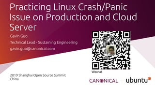 Practicing Linux Crash/Panic
Issue on Production and Cloud
Server
2019 Shanghai Open Source Summit
China
Gavin Guo
Technical Lead - Sustaining Engineering
gavin.guo@canonical.com
Wechat
 