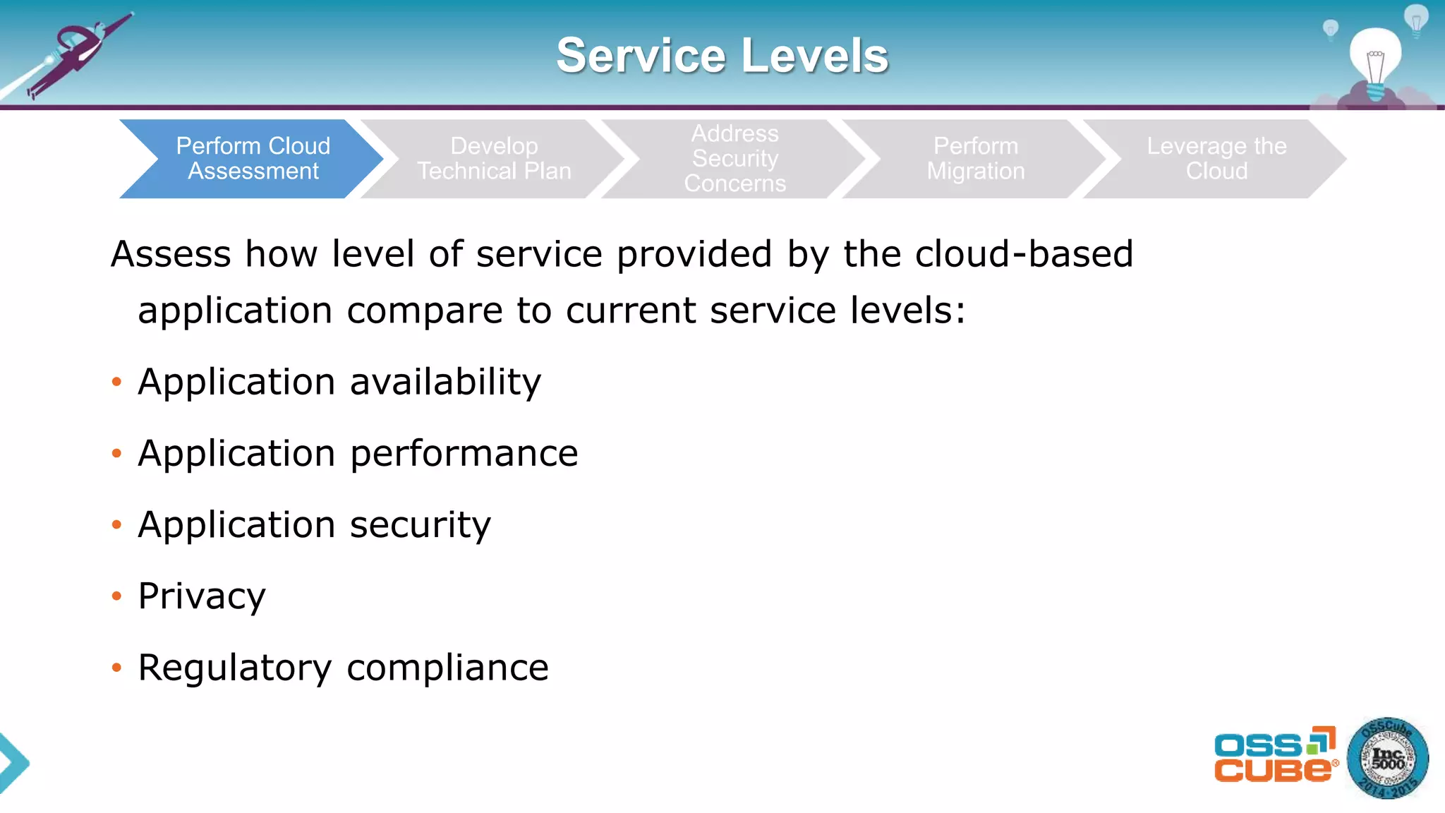 Service Levels
Assess how level of service provided by the cloud-based
application compare to current service levels:
• Application availability
• Application performance
• Application security
• Privacy
• Regulatory compliance
Perform Cloud
Assessment
Develop
Technical Plan
Address
Security
Concerns
Perform
Migration
Leverage the
Cloud
 