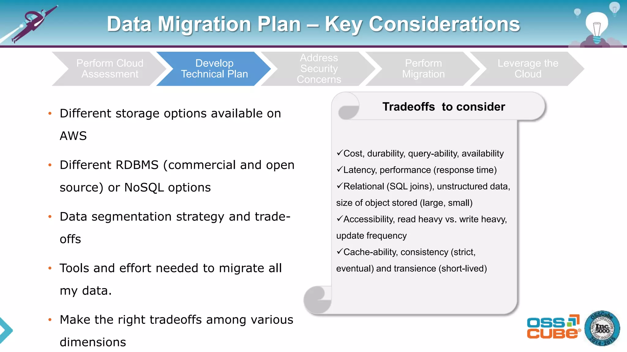 Data Migration Plan – Key Considerations
• Different storage options available on
AWS
• Different RDBMS (commercial and open
source) or NoSQL options
• Data segmentation strategy and trade-
offs
• Tools and effort needed to migrate all
my data.
• Make the right tradeoffs among various
dimensions
Perform Cloud
Assessment
Develop
Technical Plan
Address
Security
Concerns
Perform
Migration
Leverage the
Cloud
Cost, durability, query-ability, availability
Latency, performance (response time)
Relational (SQL joins), unstructured data,
size of object stored (large, small)
Accessibility, read heavy vs. write heavy,
update frequency
Cache-ability, consistency (strict,
eventual) and transience (short-lived)
Tradeoffs to consider
 