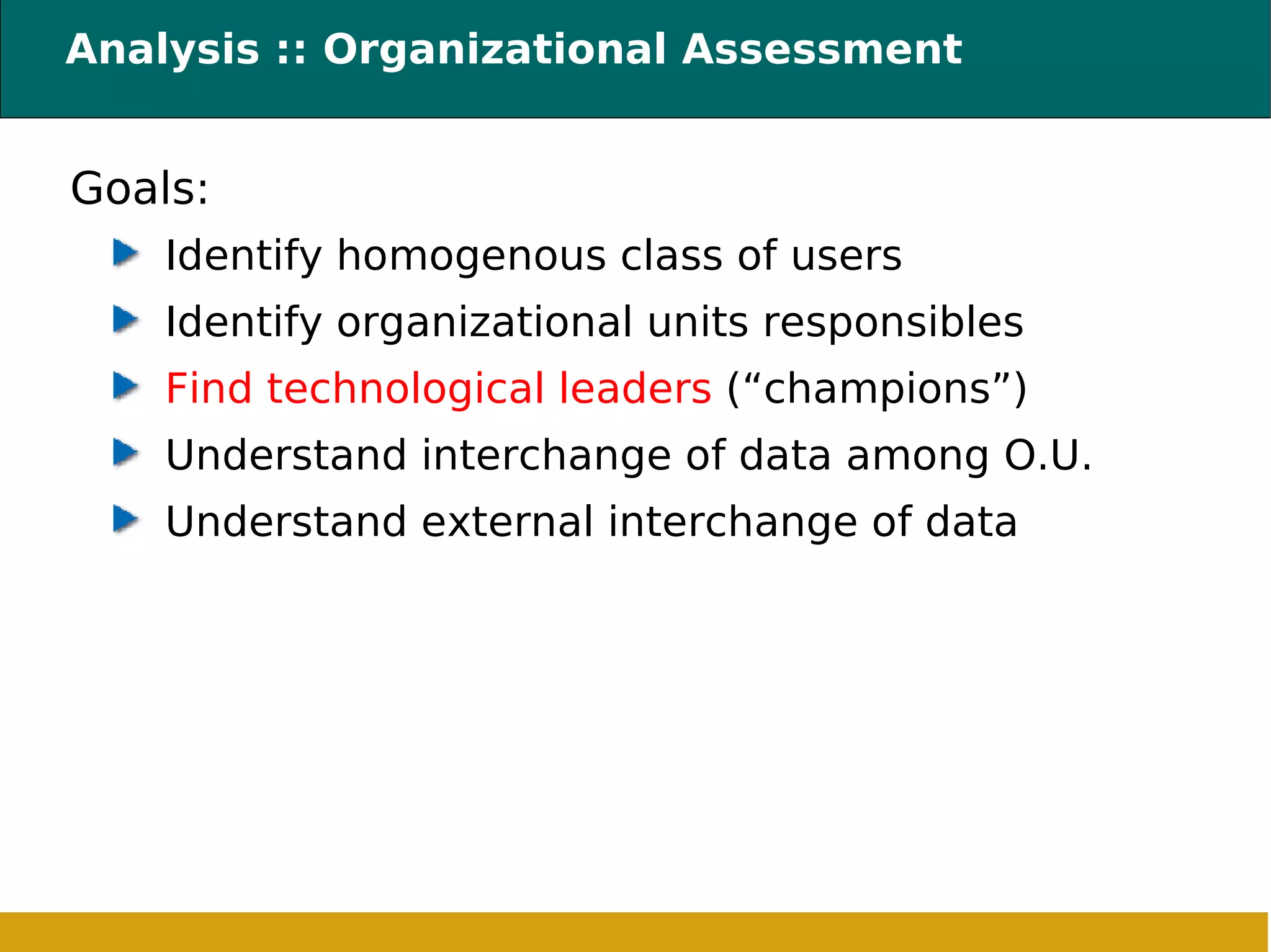 Analysis :: Organizational Assessment  Goals: Identify homogenous class of users  Identify organizational units responsibles Find technological leaders  (“champions”) ‏ Understand interchange of data among O.U. Understand external interchange of data 
