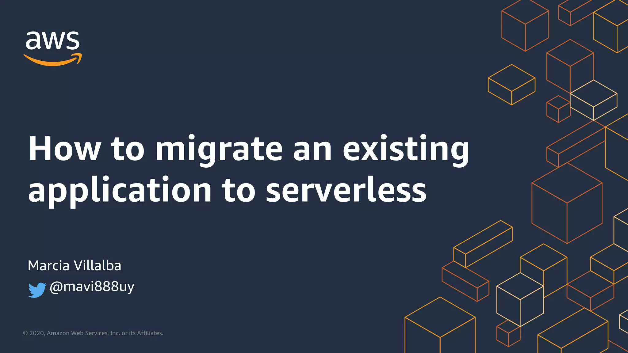 © 2020, Amazon Web Services, Inc. or its Affiliates.
How to migrate an existing
application to serverless
Marcia Villalba
@mavi888uy
 