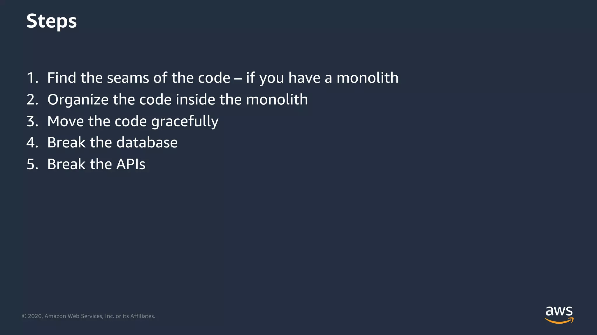 © 2020, Amazon Web Services, Inc. or its Affiliates.
Steps
1. Find the seams of the code – if you have a monolith
2. Organize the code inside the monolith
3. Move the code gracefully
4. Break the database
5. Break the APIs
 
