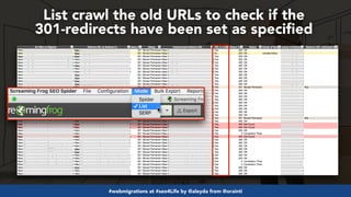 #webmigrations at #seo4Life by @aleyda from @orainti
List crawl the old URLs to check if the
301-redirects have been set a...