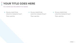 Your Subtitle Goes Here (Delete if not needed)
YOUR TITLE GOES HERE
● Do you need three
columns instead of two?
Then use this.
● Do you need three
columns instead of two?
Then use this.
30
● Do you need three
columns instead of two?
Then use this.
 