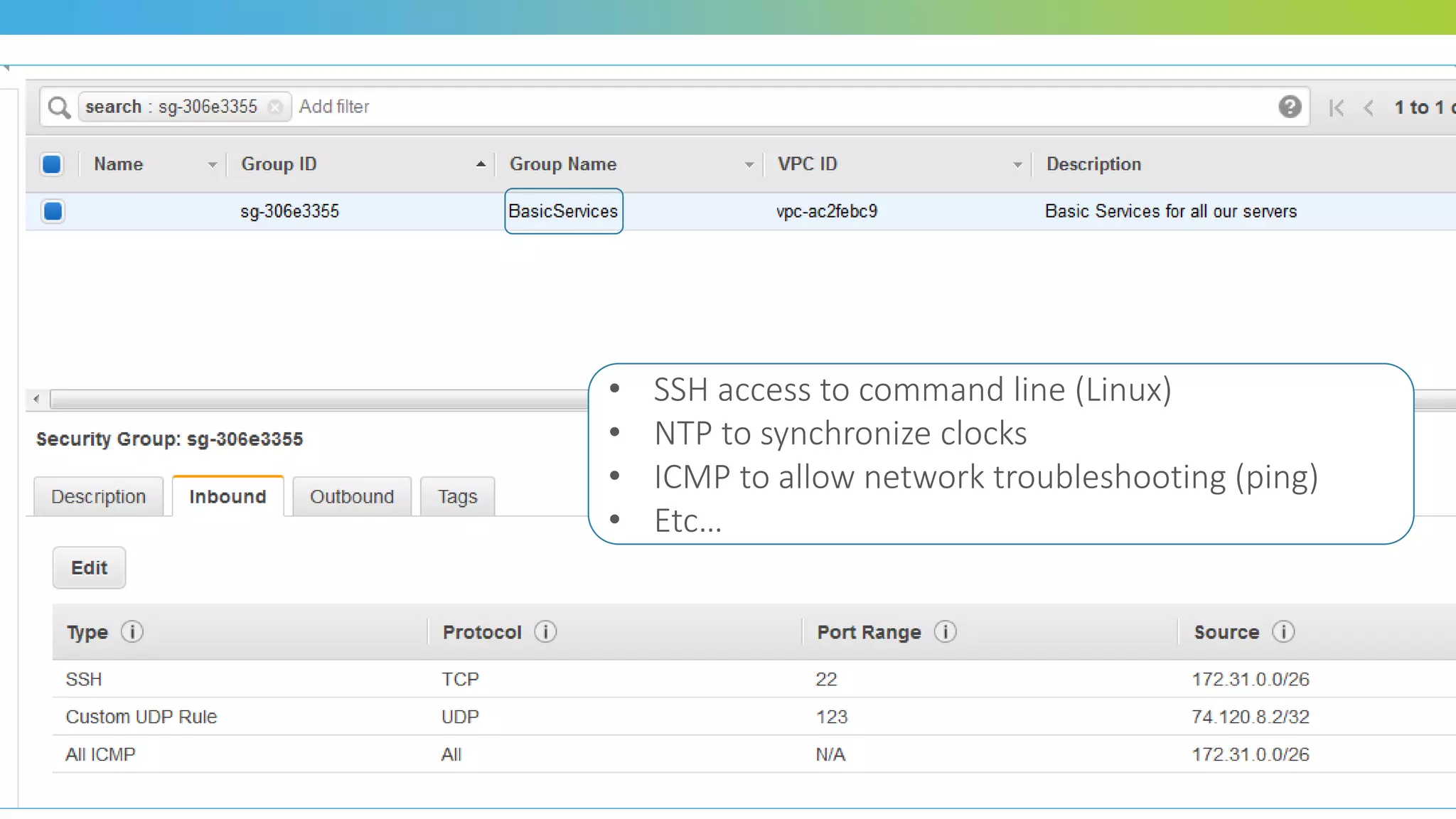 • SSH access to command line (Linux)
• NTP to synchronize clocks
• ICMP to allow network troubleshooting (ping)
• Etc…
 