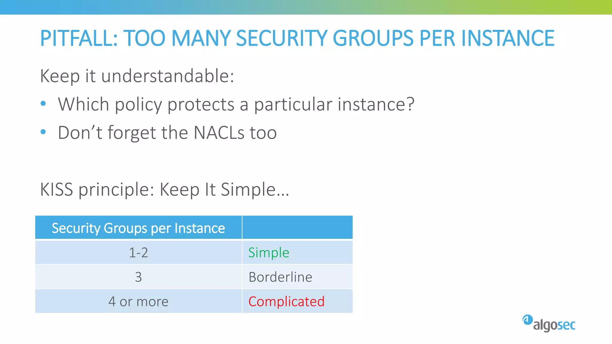 PITFALL: TOO MANY SECURITY GROUPS PER INSTANCE
Keep it understandable:
• Which policy protects a particular instance?
• Don’t forget the NACLs too
KISS principle: Keep It Simple…
Security Groups per Instance
1-2 Simple
3 Borderline
4 or more Complicated
 