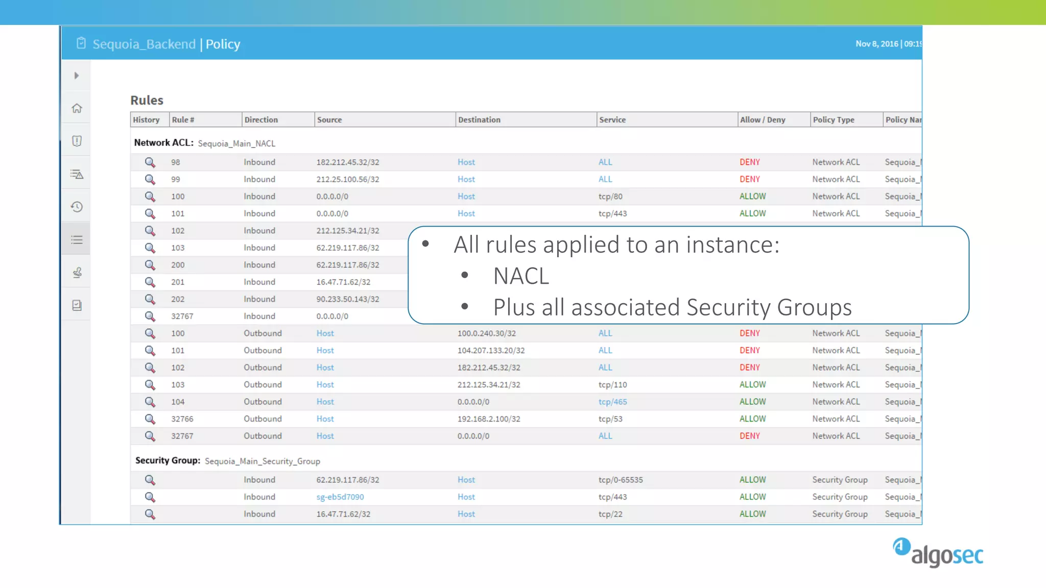 • All rules applied to an instance:
• NACL
• Plus all associated Security Groups
 