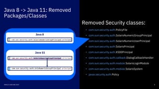 Java 8 -> Java 11: Removed
Packages/Classes
8ORACLE CODE ONE 2019
Removed Security classes:
• com.sun.security.auth.PolicyFile
• com.sun.security.auth.SolarisNumericGroupPrincipal
• com.sun.security.auth.SolarisNumericUserPrincipal
• com.sun.security.auth.SolarisPrincipal
• com.sun.security.auth.X500Principal
• com.sun.security.auth.callback.DialogCallbackHandler
• com.sun.security.auth.module.SolarisLoginModule
• com.sun.security.auth.module.SolarisSystem
• javax.security.auth.Policy
Java 11
Java 8
 