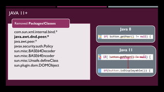 JAVA 11+
com.sun.xml.internal.bind.*
java.awt.dnd.peer.*
java.awt.peer.*
javax.security.auth.Policy
sun.misc.BASE64Decoder
sun.misc.BASE64Encoder
sun.misc.Unsafe.defineClass
sun.plugin.dom.DOMObject
Removed Packages/Classes
Java 11
Java 8
 