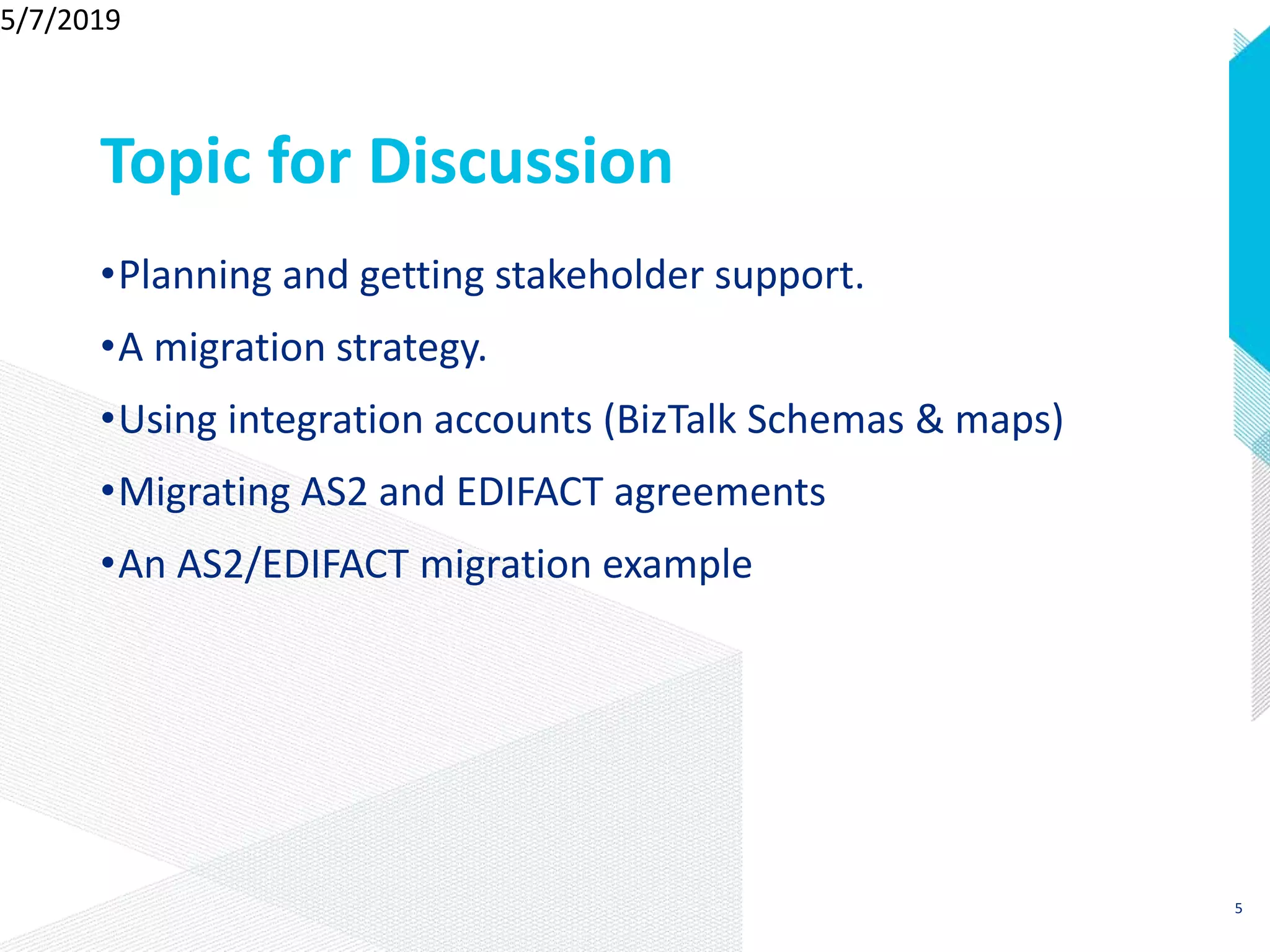 Topic for Discussion
•Planning and getting stakeholder support.
•A migration strategy.
•Using integration accounts (BizTalk Schemas & maps)
•Migrating AS2 and EDIFACT agreements
•An AS2/EDIFACT migration example
5/7/2019
5
 