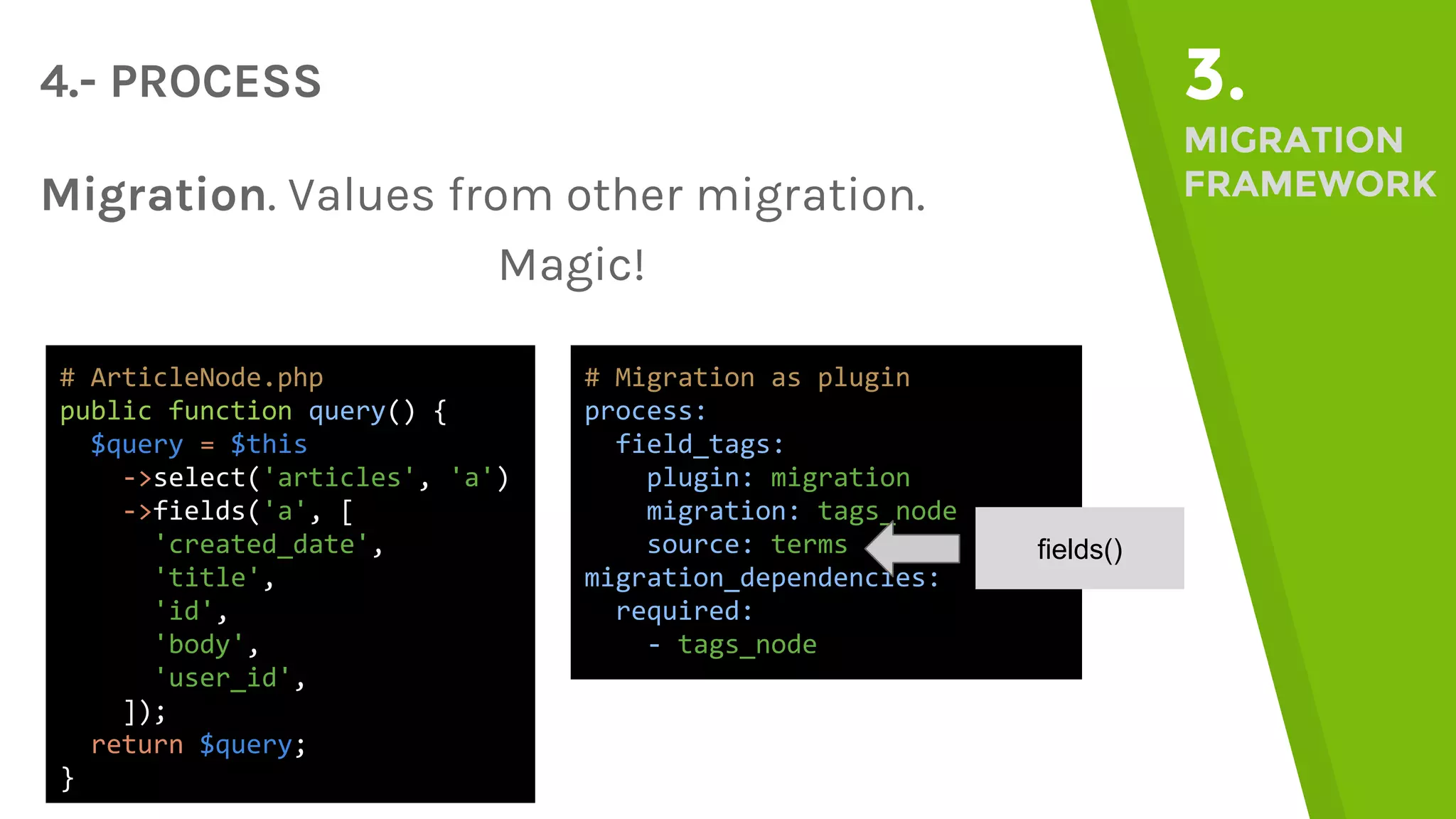 4.- PROCESS 3. MIGRATION FRAMEWORKMigration. Values from other migration. Magic! # ArticleNode.php public function query() { $query = $this ->select('articles', 'a') ->fields('a', [ 'created_date', 'title', 'id', 'body', 'user_id', ]); return $query; } # Migration as plugin process: field_tags: plugin: migration migration: tags_node source: terms migration_dependencies: required: - tags_node fields() 