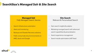 Managed Solr
Fully Managed Search Service
• Search infrastructure automation
• Alerts and monitoring
• Backups and Disaster Recovery solutions
• Public and private cloud environments on
AWS, Azure and Google
SearchStax’s Managed Solr & Site Search
5
Site Search
Relevant & Personalized Search
• Gain search insights & analytics
• Marketing managed search with advanced
search capabilities & personalization
• Search experience management
• Search results optimization (A/B Tests)
 