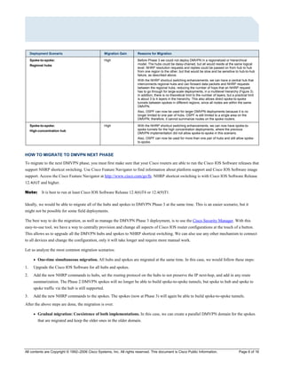 All contents are Copyright © 1992–2006 Cisco Systems, Inc. All rights reserved. This document is Cisco Public Information. Page 6 of 16
Deployment Scenario Migration Gain Reasons for Migration
Spoke-to-spoke:
Regional hubs
High Before Phase 3 we could not deploy DMVPN in a regionalized or hierarchical
model. The hubs could be daisy-chained, but all would reside at the same logical
level. NHRP resolution requests and replies could be passed on from hub to hub
from one region to the other, but that would be slow and be sensitive to hub-to-hub
failure, as described above.
With the NHRP shortcut switching enhancements, we can have a central hub that
interconnects regional hubs and can forward data packets and NHRP requests
between the regional hubs, reducing the number of hops that an NHRP request
has to go through for large-scale deployments, in a multilevel hierarchy (Figure 3).
In addition, there is no theoretical limit to the number of layers, but a practical limit
is about 3 to 4 layers in the hierarchy. This also allows direct spoke-to-spoke
tunnels between spokes in different regions, since all nodes are within the same
DMVPN.
Also, OSPF can now be used for larger DMVPN deployments because it is no
longer limited to one pair of hubs. OSPF is still limited to a single area on the
DMVPN; therefore, it cannot summarize routes on the spoke routers.
Spoke-to-spoke:
High-concentration hub
High With the NHRP shortcut switching enhancements, we can now have spoke-to-
spoke tunnels for the high concentration deployments, where the previous
DMVPN implementation did not allow spoke-to-spoke in this scenario.
Also, OSPF can now be used for more than one pair of hubs and still allow spoke-
to-spoke.
HOW TO MIGRATE TO DMVPN NEXT PHASE
To migrate to the next DMVPN phase, you must first make sure that your Cisco routers are able to run the Cisco IOS Software releases that
support NHRP shortcut switching. Use Cisco Feature Navigator to find information about platform support and Cisco IOS Software image
support. Access the Cisco Feature Navigator at http://www.cisco.com/go/fn. NHRP shortcut switching is with Cisco IOS Software Release
12.4(6)T and higher.
Note: It is best to run at least Cisco IOS Software Release 12.4(6)T4 or 12.4(9)T1.
Ideally, we would be able to migrate all of the hubs and spokes to DMVPN Phase 3 at the same time. This is an easier scenario, but it
might not be possible for some field deployments.
The best way to do the migration, as well as manage the DMVPN Phase 3 deployment, is to use the Cisco Security Manager. With this
easy-to-use tool, we have a way to centrally provision and change all aspects of Cisco IOS router configurations at the touch of a button.
This allows us to upgrade all the DMVPN hubs and spokes to NHRP shortcut switching. We can also use any other mechanism to connect
to all devices and change the configuration, only it will take longer and require more manual work.
Let us analyze the most common migration scenarios:
● One-time simultaneous migration. All hubs and spokes are migrated at the same time. In this case, we would follow these steps:
1. Upgrade the Cisco IOS Software for all hubs and spokes.
2. Add the new NHRP commands to hubs, set the routing protocol on the hubs to not preserve the IP next-hop, and add in any route
summarization. The Phase 2 DMVPN spokes will no longer be able to build spoke-to-spoke tunnels, but spoke to hub and spoke to
spoke traffic via the hub is still supported.
3. Add the new NHRP commands to the spokes. The spokes (now at Phase 3) will again be able to build spoke-to-spoke tunnels.
After the above steps are done, the migration is over.
● Gradual migration: Coexistence of both implementations. In this case, we can create a parallel DMVPN domain for the spokes
that are migrated and keep the older ones in the older domain.
 