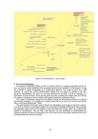 Figure 9. The Administration – Key concepts 
10 
3. The Process Modelling 
According to Checkland (2000), to build a concept model of a complex purposeful activity for 
use, you require a clear definition of the purposeful activity to be modelled. At this situation, it may 
be a solution to apply mouldability as a constructive element. This could be done by a staff 
member, an expert (the central administration officer) who will adapt the system to the new 
demands. Nevertheless, the issue is not purely technical but involves a circle of changes in a 
framework of social process. Focus can be given not only in solving the present case but training 
the system in reacting on how to confront with problem situations (process thinking). 
The nature of demands coming from the offices, directs the admissions process to a primary 
task process approach. It is significant to register what has to be done and not how this will be 
done, at first level (Bienkowski, 1994). 
The administrative information and its degree of centralisation was always an issue for concern. 
It is worth to include an interesting diagram as presented by Kawalek (1994) which demonstrates 
the application type in terms of the degree of user orientation and control, within the context of the 
degree of centralisation. This can help in the decision, on how centralised or decentralised the 
institute would like the flow of information to be, thus which will be the proper infrastructure for the 
knowledge diffusion within the institute. 
 
