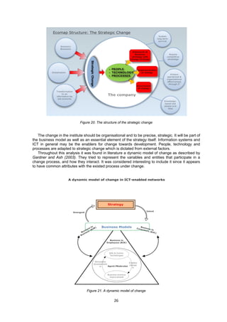 Figure 20. The structure of the strategic change 
The change in the institute should be organisational and to be precise, strategic. It will be part of 
the business model as well as an essential element of the strategy itself. Information systems and 
ICT in general may be the enablers for change towards development. People, technology and 
processes are adapted to strategic change which is dictated from external factors. 
Throughout this analysis it was found in literature a dynamic model of change as described by 
Gardner and Ash (2003). They tried to represent the variables and entities that participate in a 
change process, and how they interact. It was considered interesting to include it since it appears 
to have common attributes with the existed process under change. 
Figure 21. A dynamic model of change 
26 
 