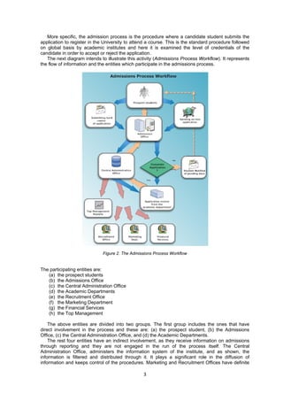 More specific, the admission process is the procedure where a candidate student submits the 
application to register in the University to attend a course. This is the standard procedure followed 
on global basis by academic institutes and here it is examined the level of credentials of the 
candidate in order to accept or reject the application. 
The next diagram intends to illustrate this activity (Admissions Process Workflow). It represents 
the flow of information and the entities which participate in the admissions process. 
Figure 2. The Admissions Process Workflow 
3 
The participating entities are: 
(a) the prospect students 
(b) the Admissions Office 
(c) the Central Administration Office 
(d) the Academic Departments 
(e) the Recruitment Office 
(f) the Marketing Department 
(g) the Financial Services 
(h) the Top Management 
The above entities are divided into two groups. The first group includes the ones that have 
direct involvement in the process and these are: (a) the prospect student, (b) the Admissions 
Office, (c) the Central Administration Office, and (d) the Academic Departments. 
The rest four entities have an indirect involvement, as they receive information on admissions 
through reporting and they are not engaged in the run of the process itself. The Central 
Administration Office, administers the information system of the institute, and as shown, the 
information is filtered and distributed through it. It plays a significant role in the diffusion of 
information and keeps control of the procedures. Marketing and Recruitment Offices have definite 
 