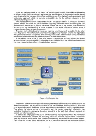 There is a specialty though at this stage. The Marketing Office needs different kinds of reporting 
at different timing. Such reports may not remain the same in terms of structure but can be altered 
according to what the manager of the office would like to get. This, by itself needs a dedicated and 
customising approach which is currently unavailable due to the different structure of the 
Administration Department. 
This creates communication burden and in result a non-positive attitude of employees about the 
system. Beyond that, there is a certain need for supporting the offices in their assumed goals. The 
Administration is expected to support the others through the use of the system. The admissions 
process could be considered as a model process for the whole information system, since it 
incorporates significant amount of resources. 
The users feel restricted due to the narrow reporting which is currently available. On the other 
hand the process of the information generates knowledge among the users which is not imported in 
the system and remains unexploited. This is mostly because the administration cannot handle the 
bulk and the diversification of this information which is done continuously. 
In the diagram below (figure 5) there is an attempt to illustrate the reporting sub-process as this 
is supported by the administration. It describes current reporting from the central database to the 
five most involved entities-offices in the admissions process. 
Figure 5. The Reporting flow 
The existed system restrains possible creativity and shapes behaviours which do not support an 
added-value attitude. The problematic situation is that the knowledge is entrapped and it is infused 
in an asynchronous way depending on how administration can react and support the other offices. 
This affects the internal norms of cooperation and the human interaction. Information has 
controlling function in a company; therefore, according to the path that follows it expands or 
restricts any other operations. 
In addition the employees’ behaviour is affected as there are arguments of how the information 
should be administered between the marketing office and financial services office. Sometimes 
there are conflicts which derive from information misleading and inadequacies in some reports. 
Each office has its own needs and targets but all of them operate under the institute’s strategic 
6 
 