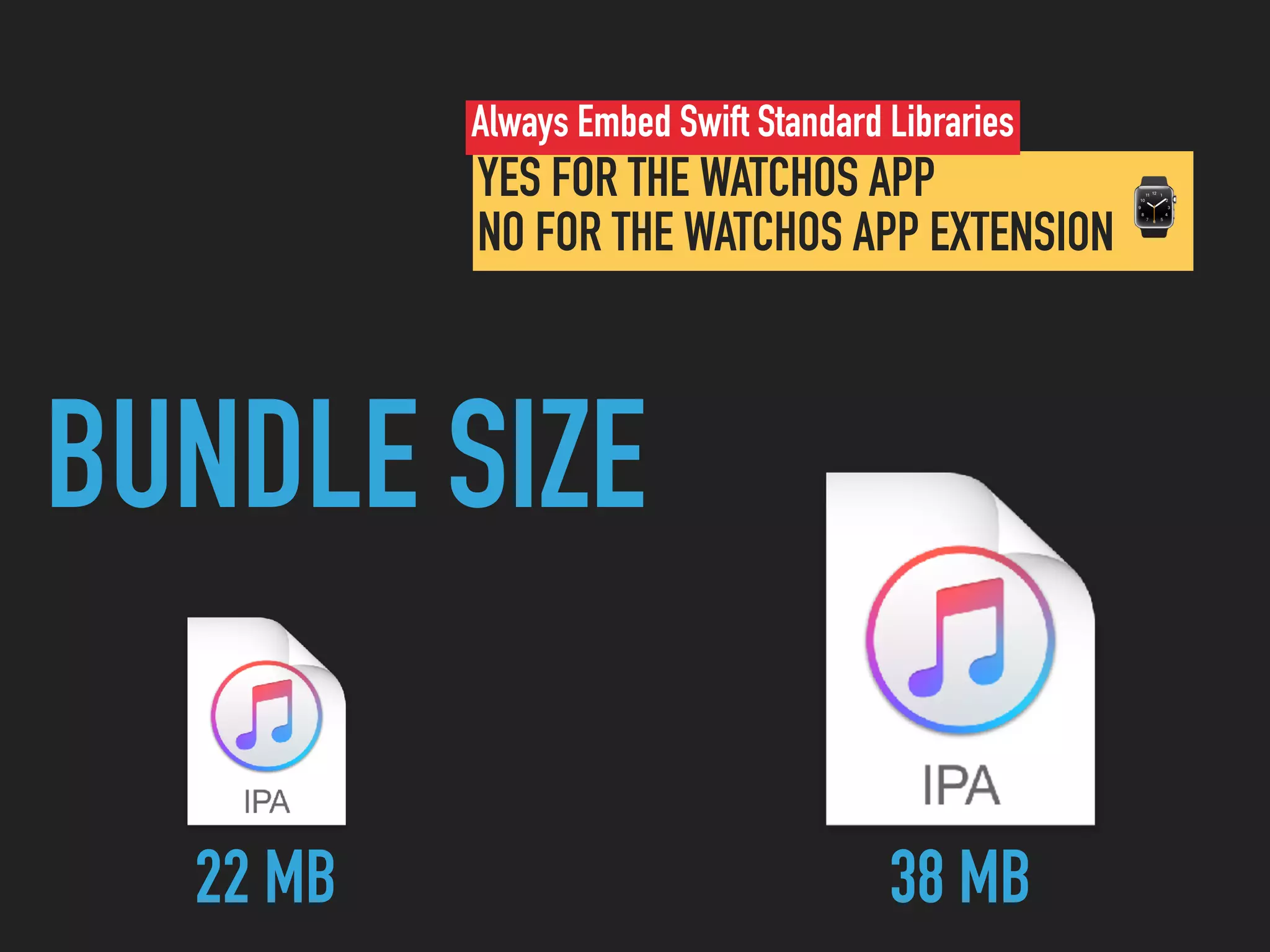BUNDLE SIZE
22 MB 38 MB
YES FOR THE WATCHOS APP
NO FOR THE WATCHOS APP EXTENSION
Always Embed Swift Standard Libraries
⌚
 