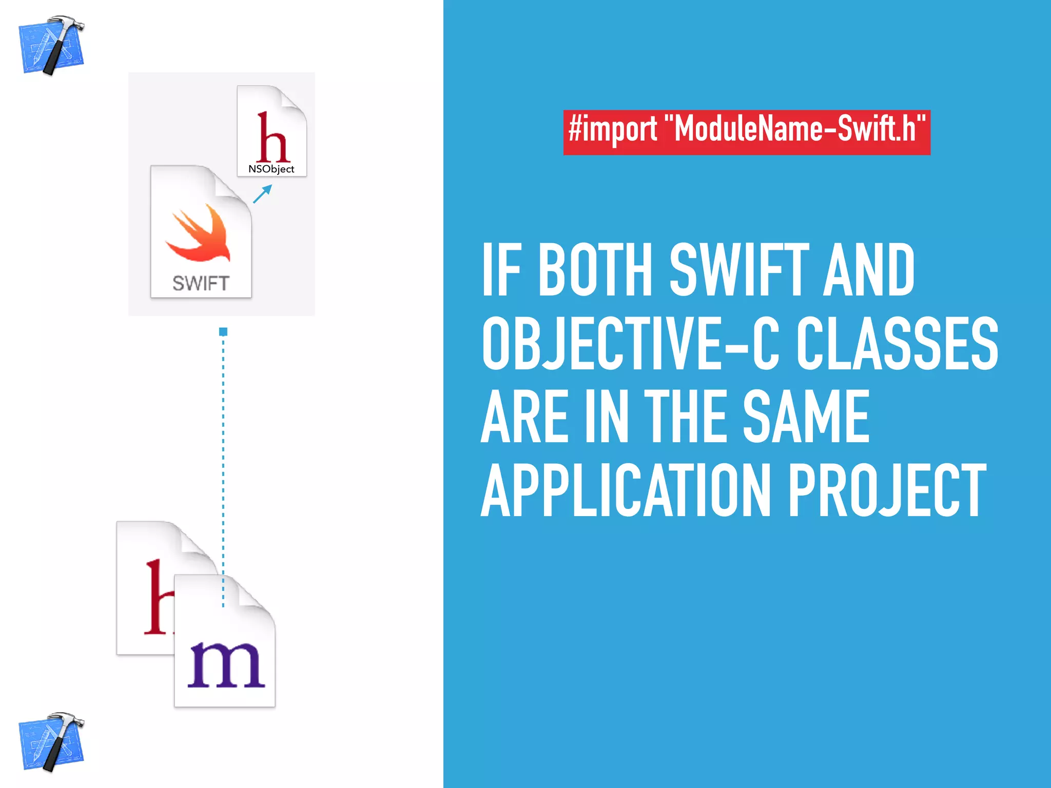 IF BOTH SWIFT AND
OBJECTIVE-C CLASSES
ARE IN THE SAME
APPLICATION PROJECT
NSObject
#import "ModuleName-Swift.h"
 