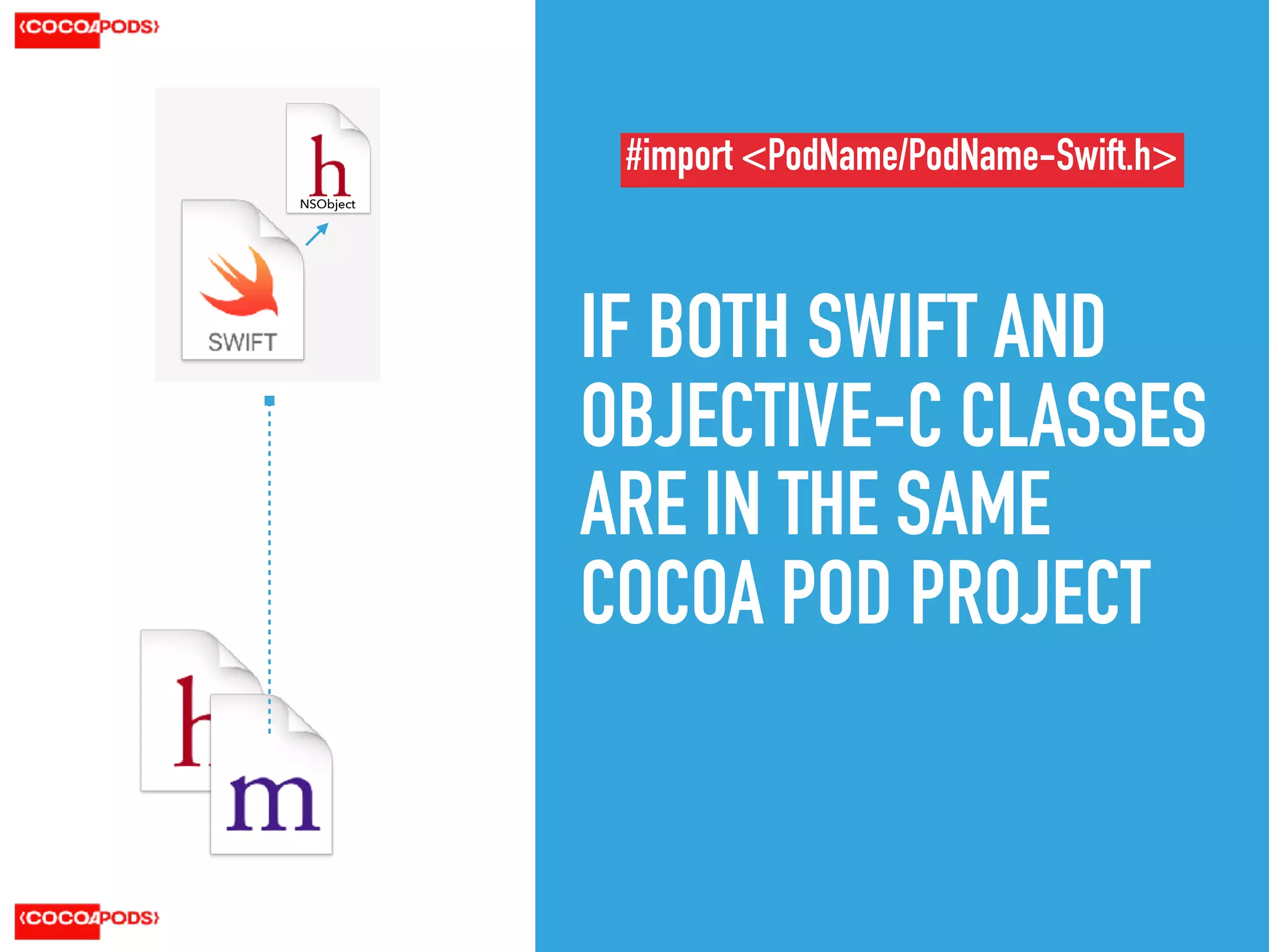 IF BOTH SWIFT AND
OBJECTIVE-C CLASSES
ARE IN THE SAME
COCOA POD PROJECT
NSObject
#import <PodName/PodName-Swift.h>
 
