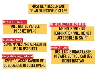 MUST BE A DESCENDANT  
OF AN OBJECTIVE-C CLASS
WILL NOT BE VISIBLE 
IN OBJECTIVE-C
INT?, INT!, FLOAT?, …
SOME NAMES ARE ALREADY IN
USE IN NSOBJECT
description: String
SWIFT CLASSES CANNOT BE
SUBCLASSED IN OBJECTIVE-C
objc_subclassing_restricted
METHODS WITH NIL
TERMINATION WILL BE NOT
ACCESSIBLE IN SWIFT
NS_REQUIRES_NIL_TERMINATION
DEALLOC IS UNAVAILABLE  
IN SWIFT, BUT YOU CAN USE
DEINIT INSTEAD
dealloc != deinit
 