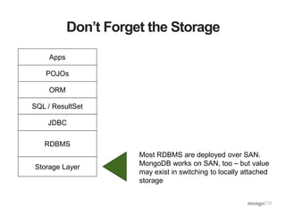 Don’t Forget the Storage
Most RDBMS are deployed over SAN.
MongoDB works on SAN, too – but value
may exist in switching to locally attached
storage
RDBMS
JDBC
SQL / ResultSet
ORM
POJOs
Apps
Storage Layer
 
