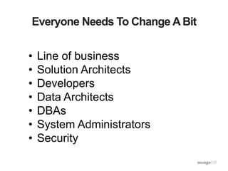 Everyone Needs To Change A Bit
• Line of business
• Solution Architects
• Developers
• Data Architects
• DBAs
• System Administrators
• Security
 