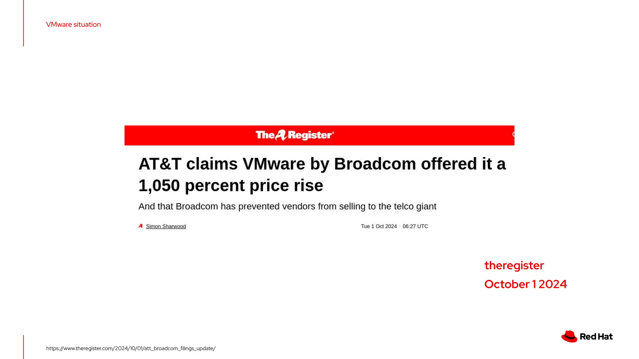 VMware situation
theregister
October 1 2024
https://www.theregister.com/2024/10/01/att_broadcom_ﬁlings_update/
 