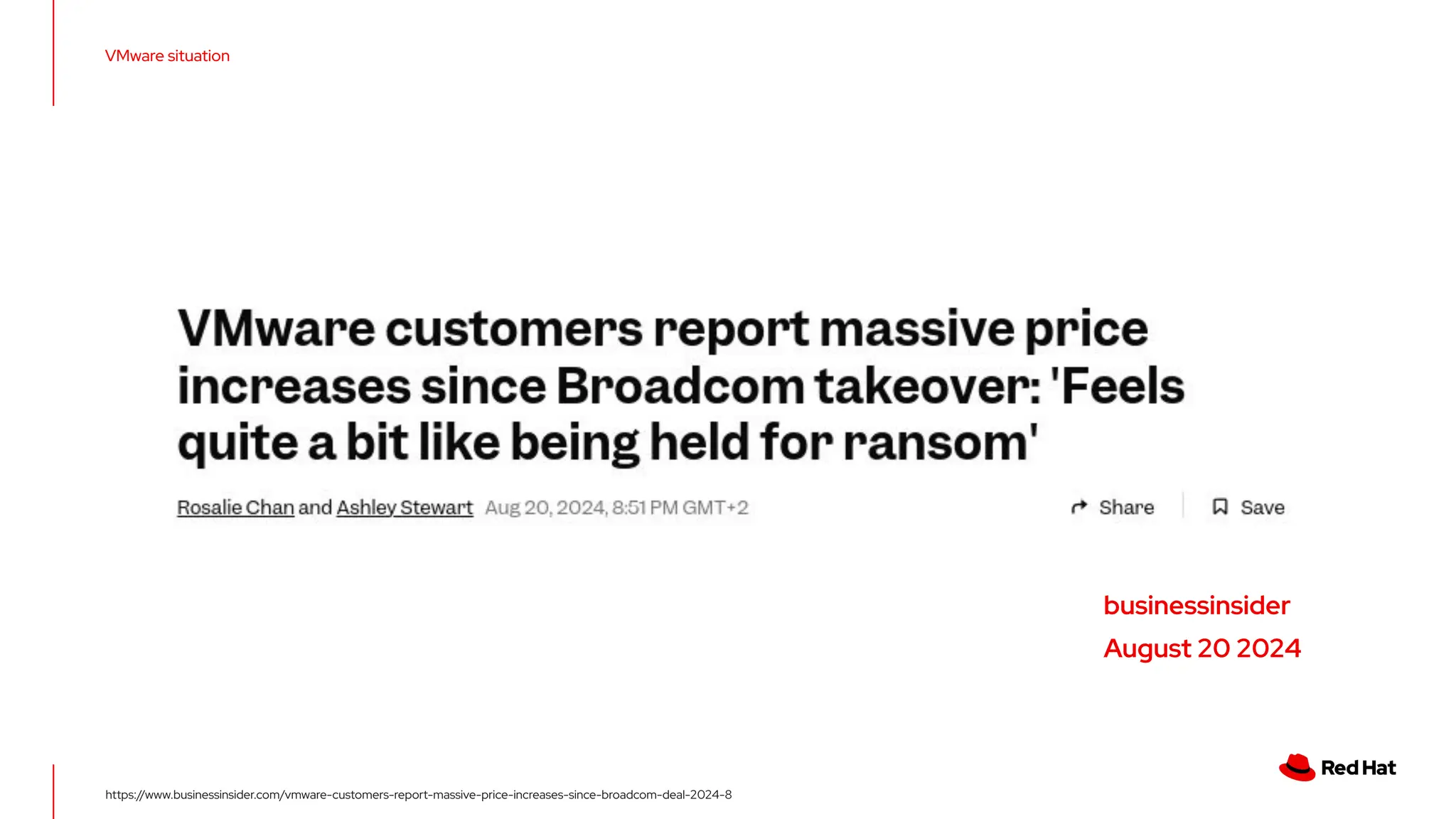 VMware situation
businessinsider
August 20 2024
https://www.businessinsider.com/vmware-customers-report-massive-price-increases-since-broadcom-deal-2024-8
 