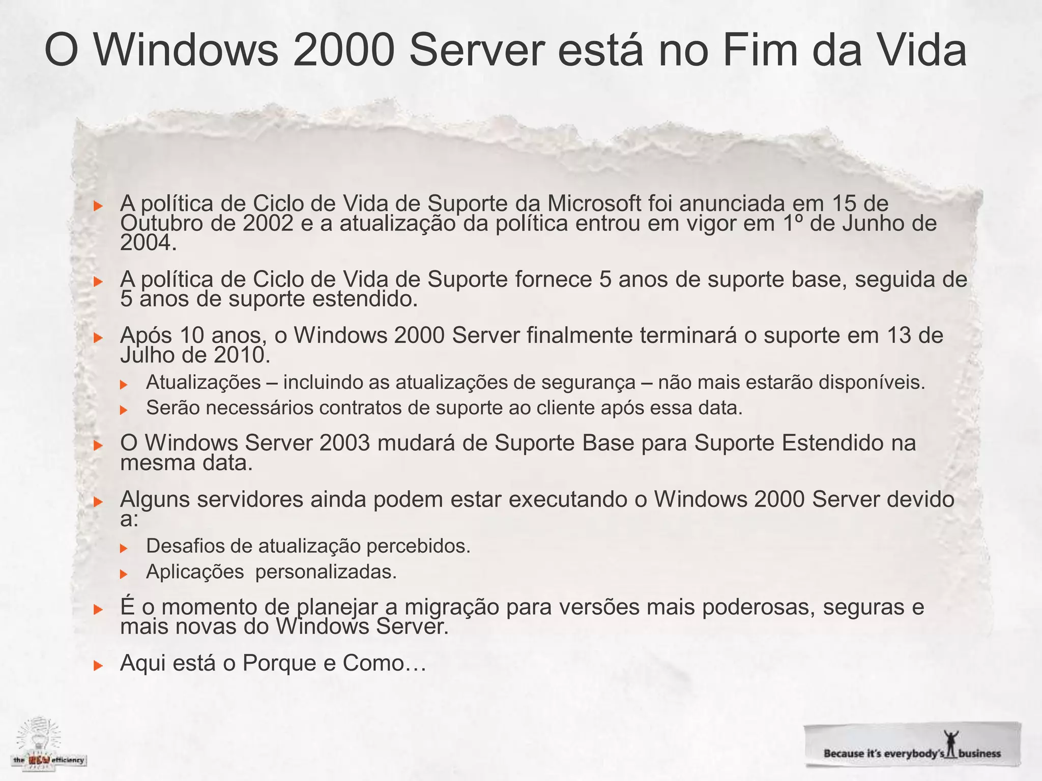 A política de Ciclo de Vida de Suporte da Microsoft foi anunciada em 15 de
Outubro de 2002 e a atualização da política entrou em vigor em 1º de Junho de
2004.
A política de Ciclo de Vida de Suporte fornece 5 anos de suporte base, seguida de
5 anos de suporte estendido.
 