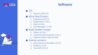 Software
● OS:
○ Ubuntu 22.05 LTS
● All-in-One Cluster:
○ Kubespray v2.27.0
○ Kubernetes v1.30.4
○ Helm v3.16.4
○ Cert-Manager v1.16.2
● Build Golden image:
○ Tekton v0.75.0
○ Container Data Importer v1.61.2
○ Kubevirt Tekton Tasks v0.24.0
● GitHub runners:
○ Action Runner Controller v0.10.1
○ Kubevirt v1.4.0
○ TopoLVM v15.5.0
 